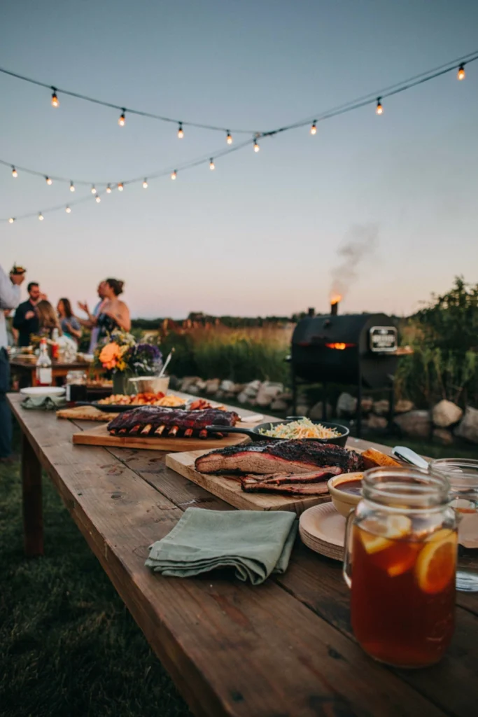 An outdoor evening reception with a smoker in the background, brisket and ribs on wooden boards, and café string lights strung overhead