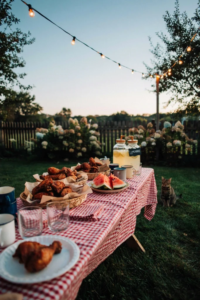 A checkered-cloth-covered table with woven baskets of fried chicken, watermelon wedges, and lemonade dispensers set up in a backyard string-light setting