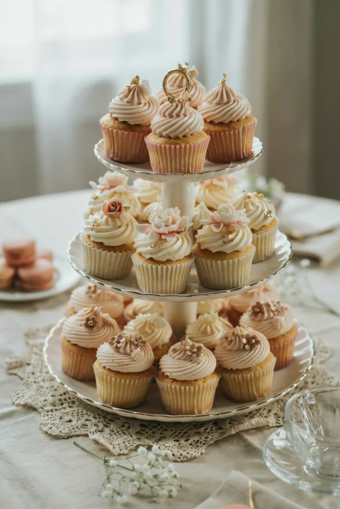 Tiered cupcake tower with blush and gold Bridgerton-style cupcakes