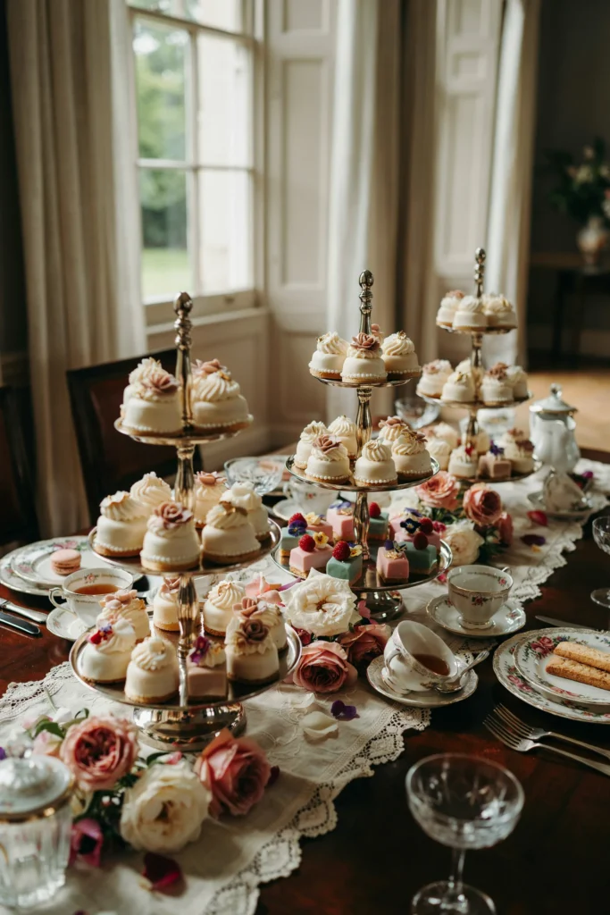 Display of mini Bridgerton-inspired tea cakes and petit fours with delicate floral piping