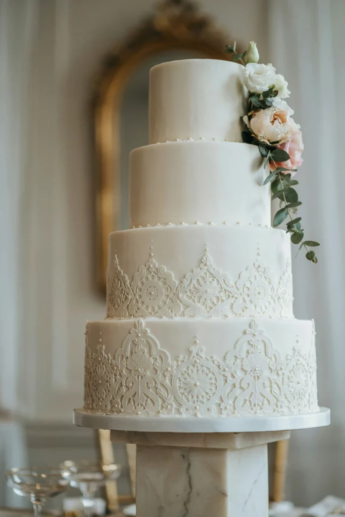 White wedding cake decorated with antique lace cutwork appliqués