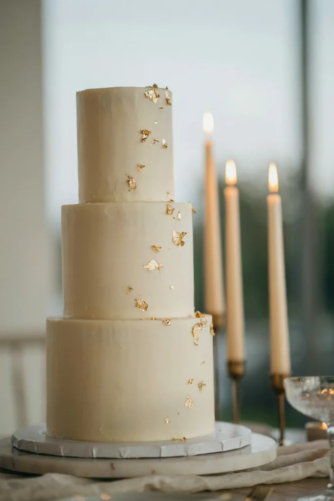 Minimalist ivory wedding cake with scattered gold leaf accents