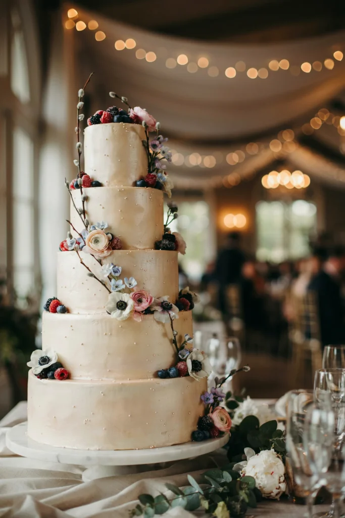 Whimsical fairytale wedding cake with sugared berries and a soft shimmer finish