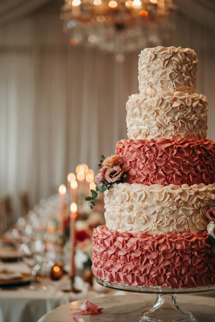 Pink ombre ruffle wedding cake with textured buttercream petals