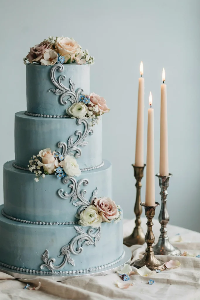 Dusty blue wedding cake with intricate silver piped detailing and a vintage sugar flower cluster