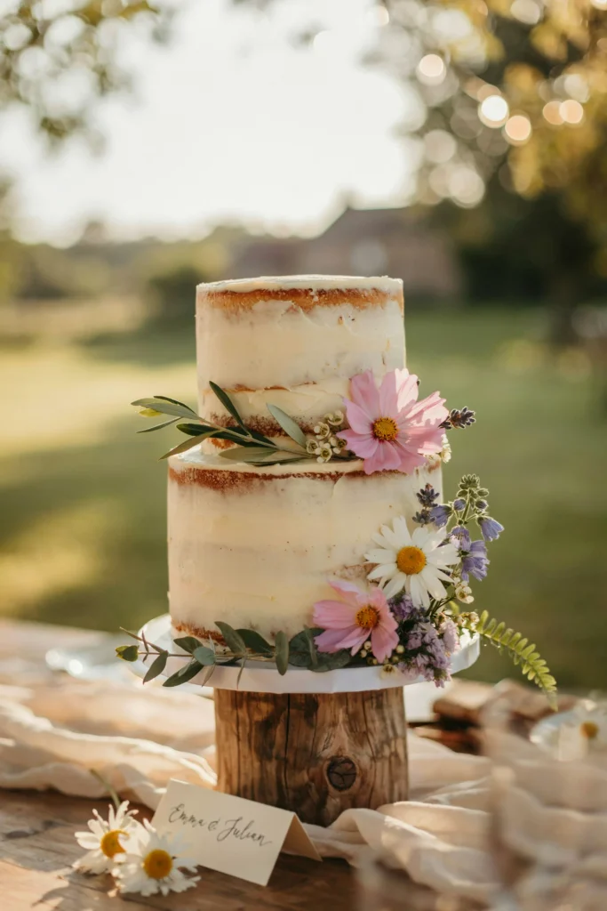 Rustic semi-naked wedding cake with a loose drift of wildflowers and greenery