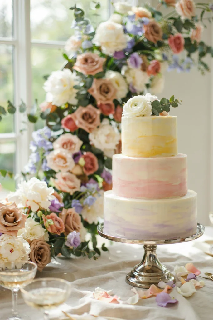 Pastel watercolor ombre wedding cake blending yellow, blush, and lavender tones