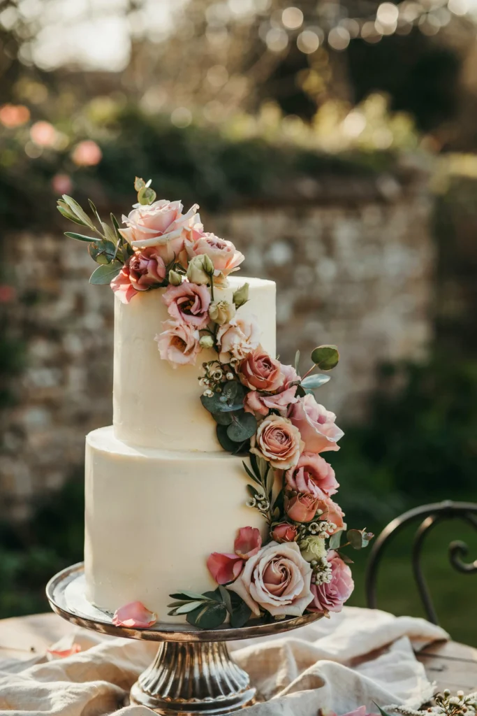 Semi-naked wedding cake with a cascade of fresh blush garden roses