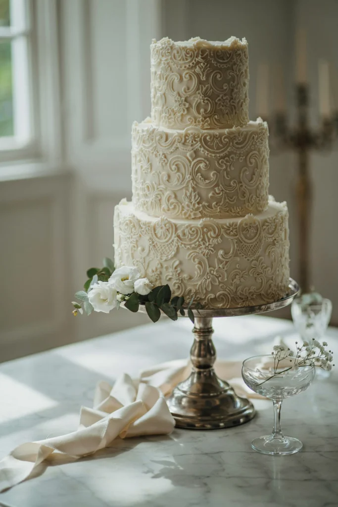 Ivory wedding cake covered in intricate hand-piped lace scrollwork