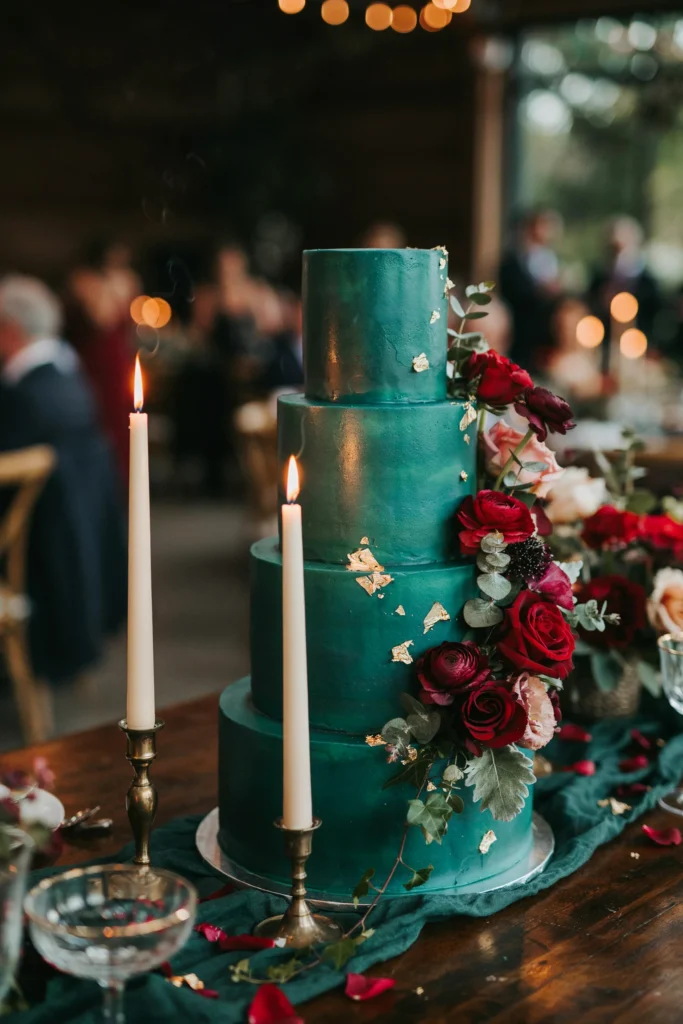 Emerald green jewel-tone wedding cake with gold leaf accents and a dramatic floral cascade