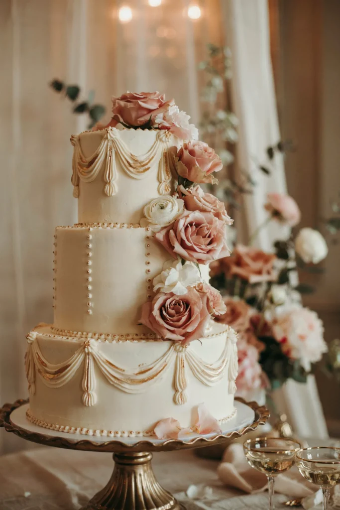 Three-tier blush and gold Bridgerton wedding cake with piped swag detailing and garden roses
