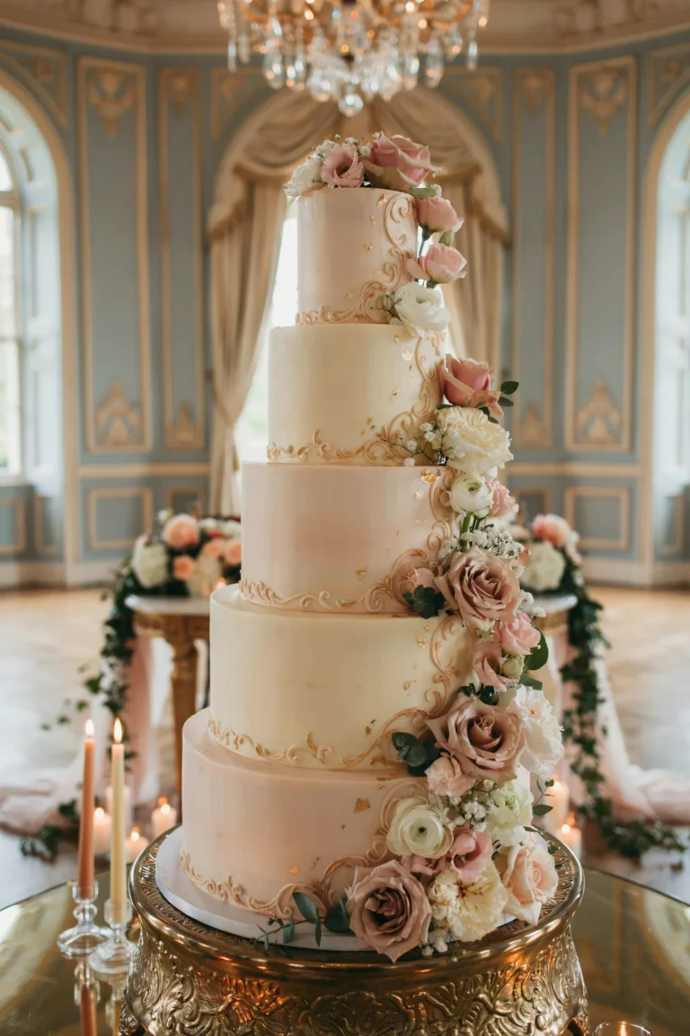An elegant multi-tiered wedding cake in blush and gold with cascading garden roses, styled on a gilded cake stand against a soft pastel backdrop, evoking a Regency ballroom moment