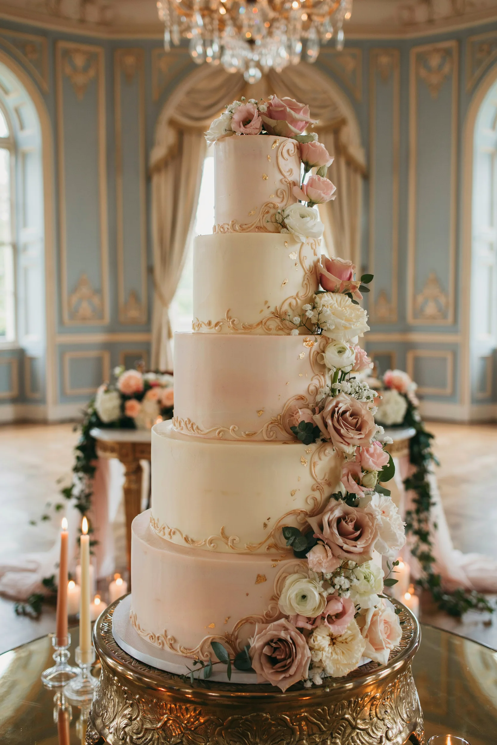 An elegant multi-tiered wedding cake in blush and gold with cascading garden roses, styled on a gilded cake stand against a soft pastel backdrop, evoking a Regency ballroom moment