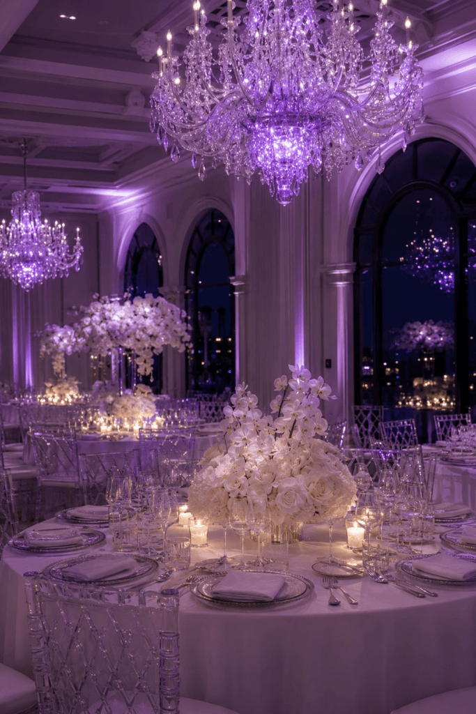 Amethyst crystal chandelier casting purple light over a wedding reception