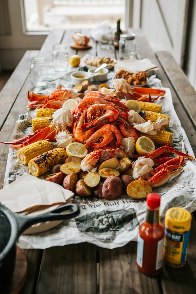 A newspaper-lined table piled with a seafood boil of shrimp, crab legs, corn, and potatoes, with lemon halves and butter dishes scattered throughout.