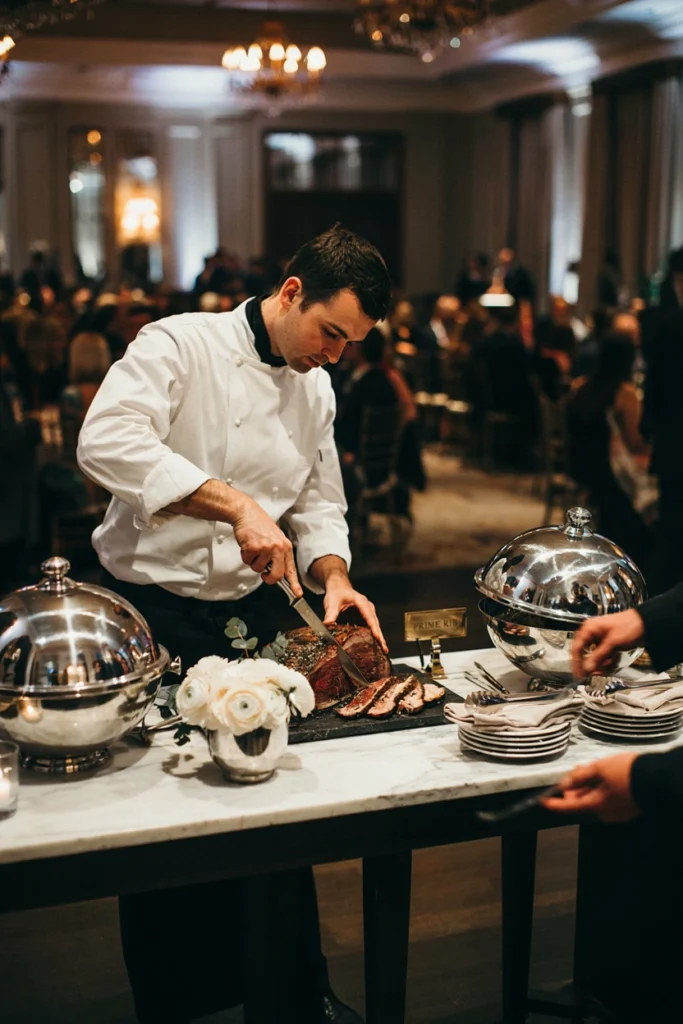 A carving station on a white marble-topped table with a chef slicing prime rib, silver domed platters, and a single low arrangement of white ranunculus
