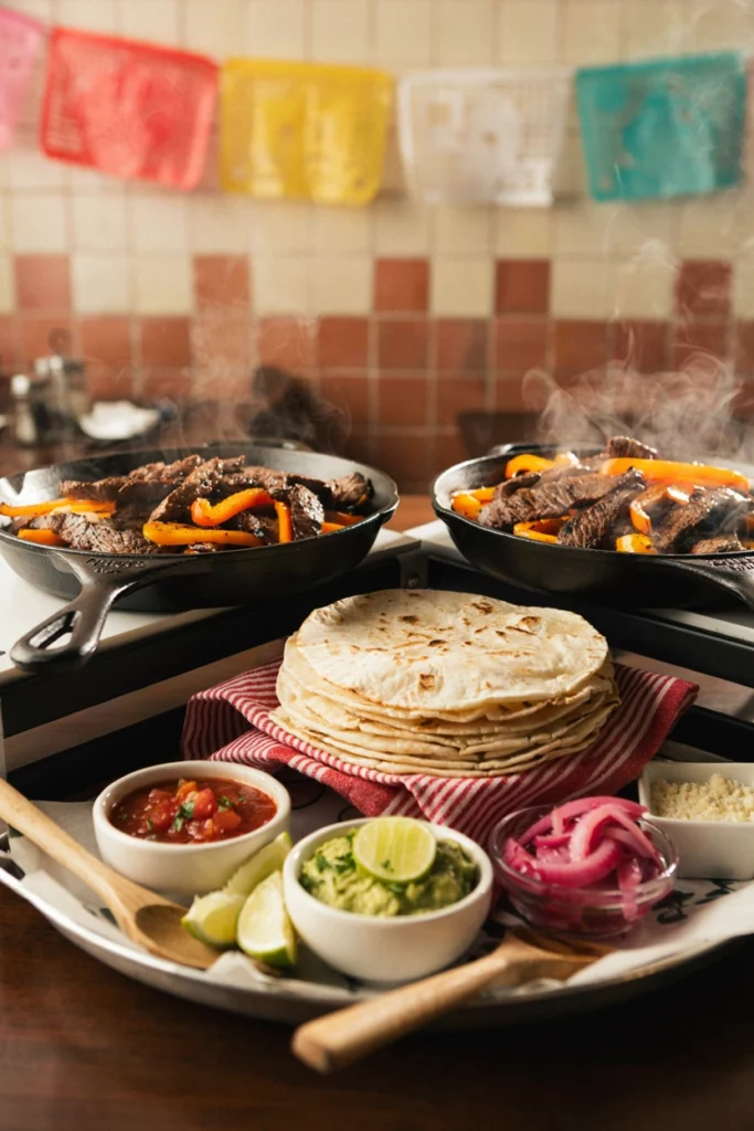 A colorful buffet with sizzling fajita skillets, stacks of warm tortillas, and small bowls of salsa, guacamole, and pickled onions.