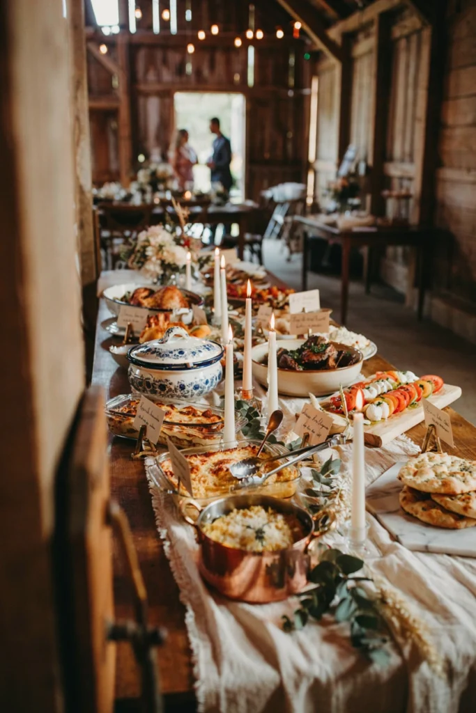 A warm, wedding homey buffet table with handwritten recipe cards propped beside each dish, mismatched serving bowls, and soft candlelight.