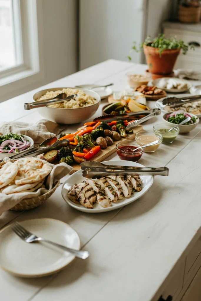 A simple, colorful buffet with bowls of quinoa, roasted vegetables, grilled chicken, and various sauces set up assembly-line style