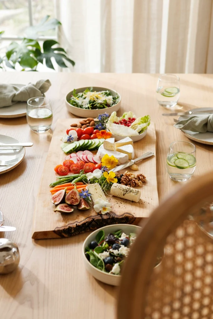 A light, airy buffet with a large wooden grazing board of fresh vegetables, soft cheeses, and edible flowers alongside bowls of composed salads.