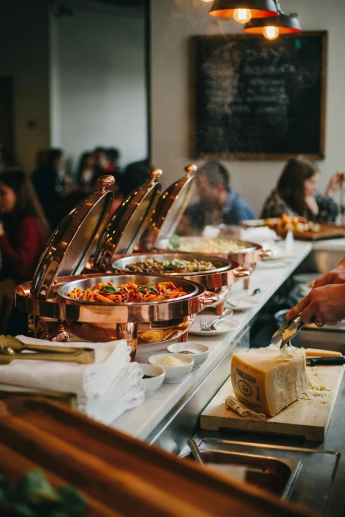 A buffet table with copper chafing dishes holding three pasta shapes and sauces, fresh basil garnish, and a wheel of parmesan being shaved tableside