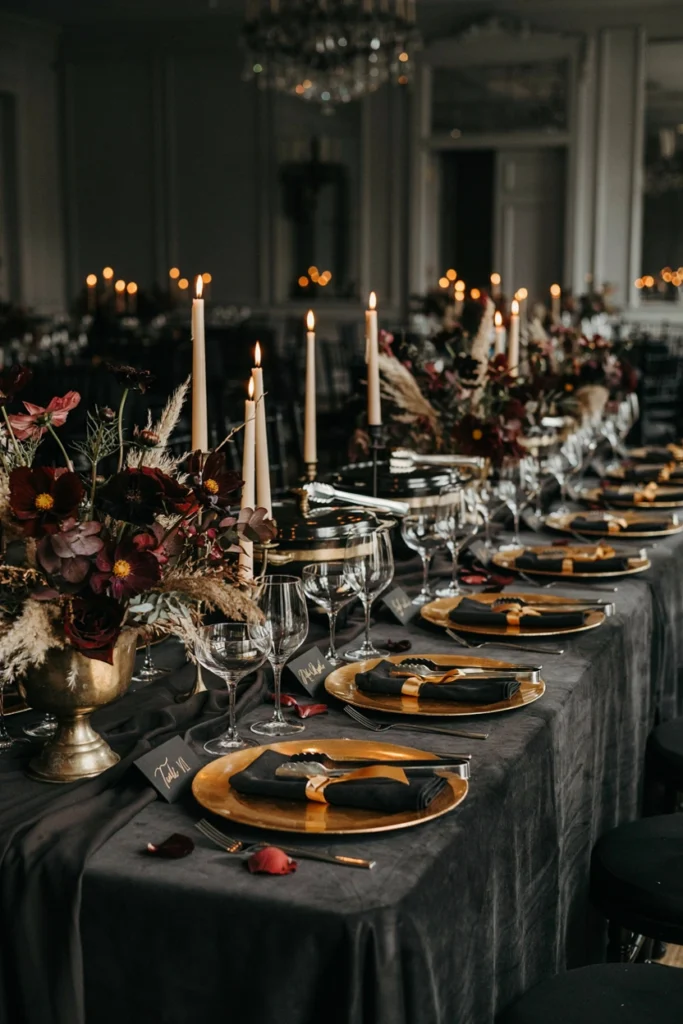  A moody buffet table with matte black linens, gold chargers, black chafing dishes, and dramatic dark floral arrangements of chocolate cosmos and black baccara roses.