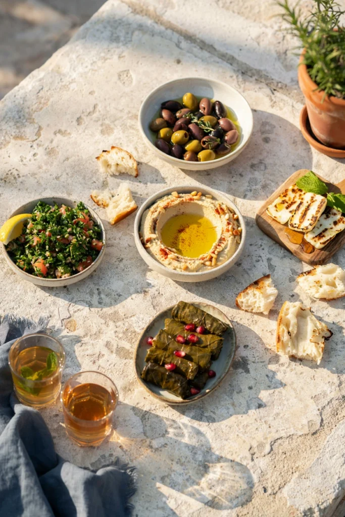  A low, spread-out mezze table with hummus, tabbouleh, grilled halloumi, and stuffed grape leaves arranged around a central bowl of olives