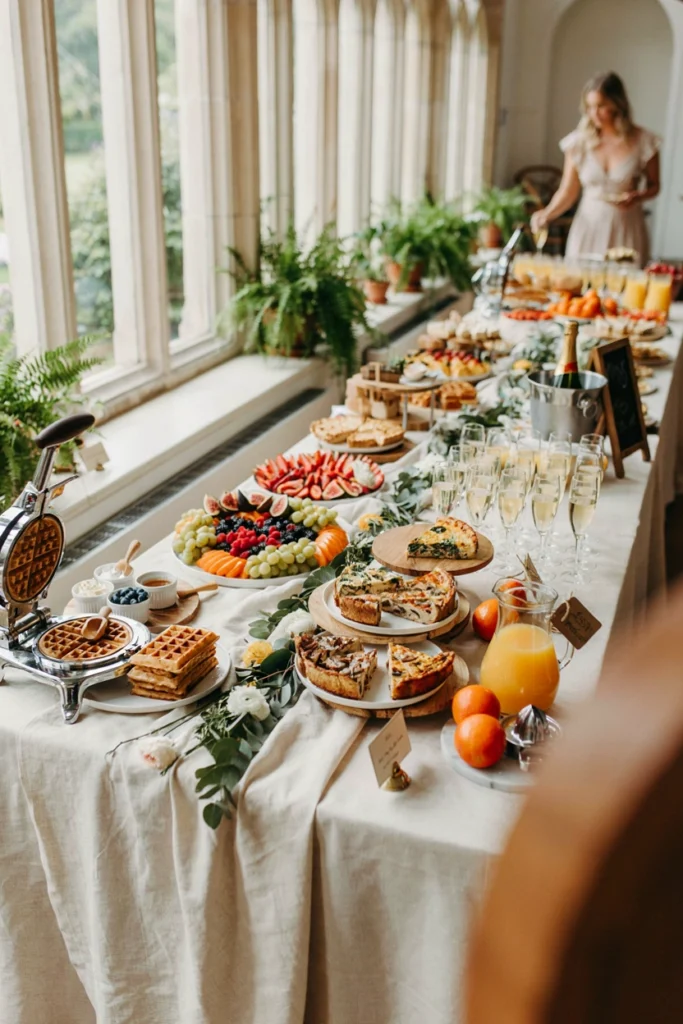 A daytime buffet with a waffle station, fresh fruit platters, quiches, and a mimosa bar with fresh orange juice and champagne.