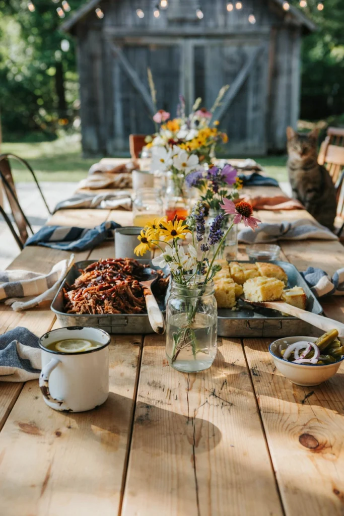 A long wooden farm table lined with mason jars of wildflowers, galvanized metal serving trays of pulled pork and cornbread, and mismatched wooden serving spoons.