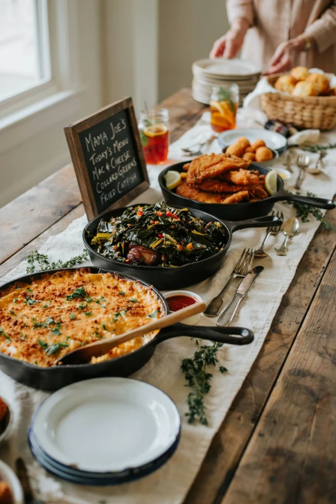 A buffet table with cast iron skillets of mac and cheese, collard greens, and fried catfish, garnished with fresh herbs and lemon wedges