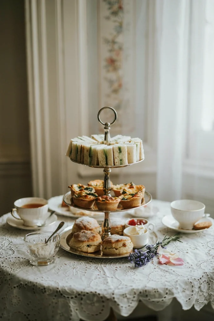 Tiered silver trays of finger sandwiches, mini quiches, and scones arranged on a lace-topped table with delicate teacups