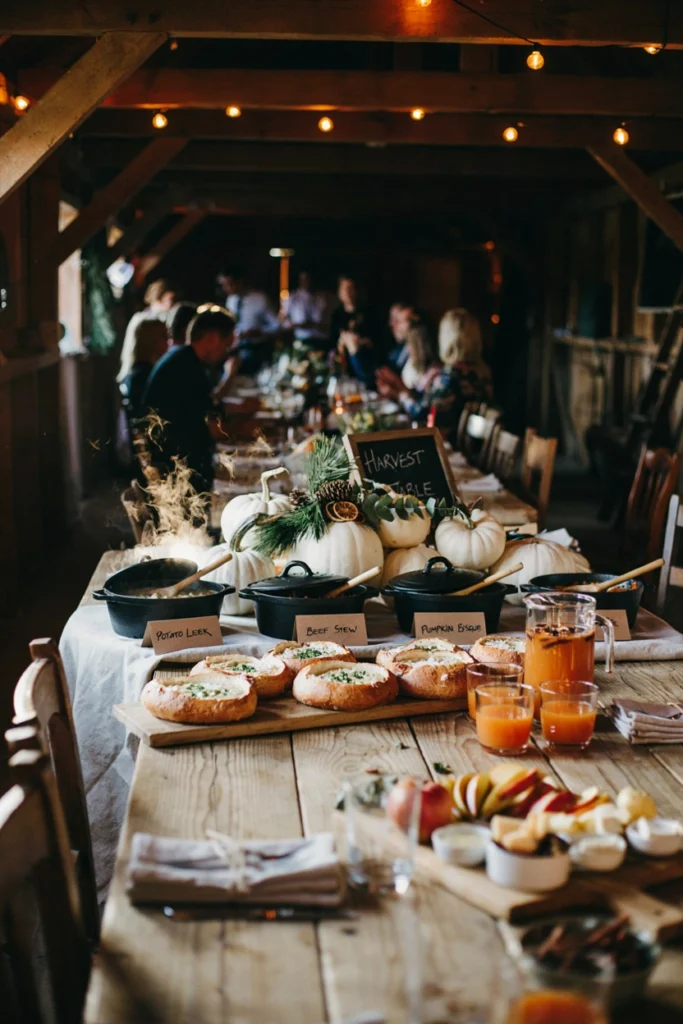 A buffet with white pumpkins, pine branches, and cast iron pots of soup and stew, with a bread bowl station and warm mulled cider nearby.