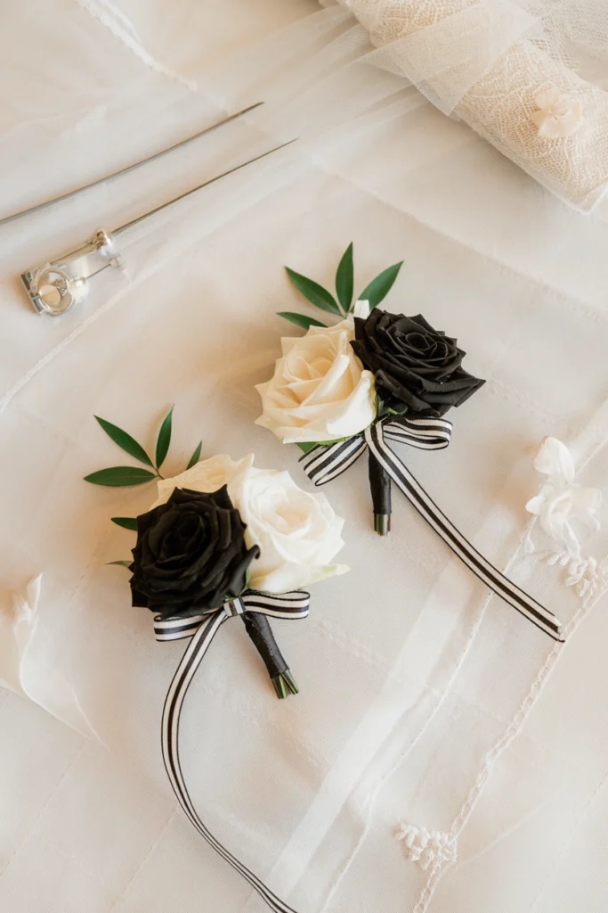 Flat lay of a black and white wrist corsage and matching boutonniere with ribbon accent