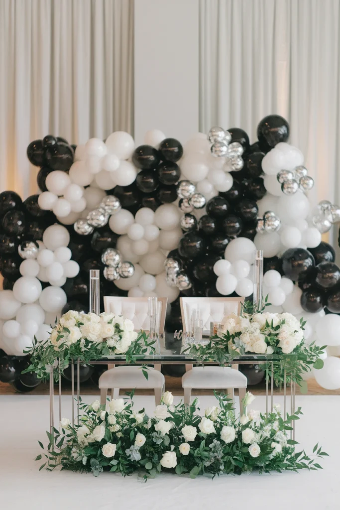 Black, white, and silver balloon garland backdrop behind a wedding sweetheart table
