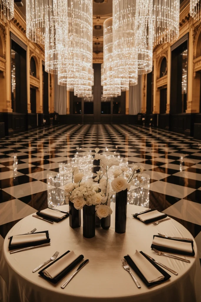Black-tie ballroom wedding reception with glossy checkerboard dance floor reflecting chandelier light