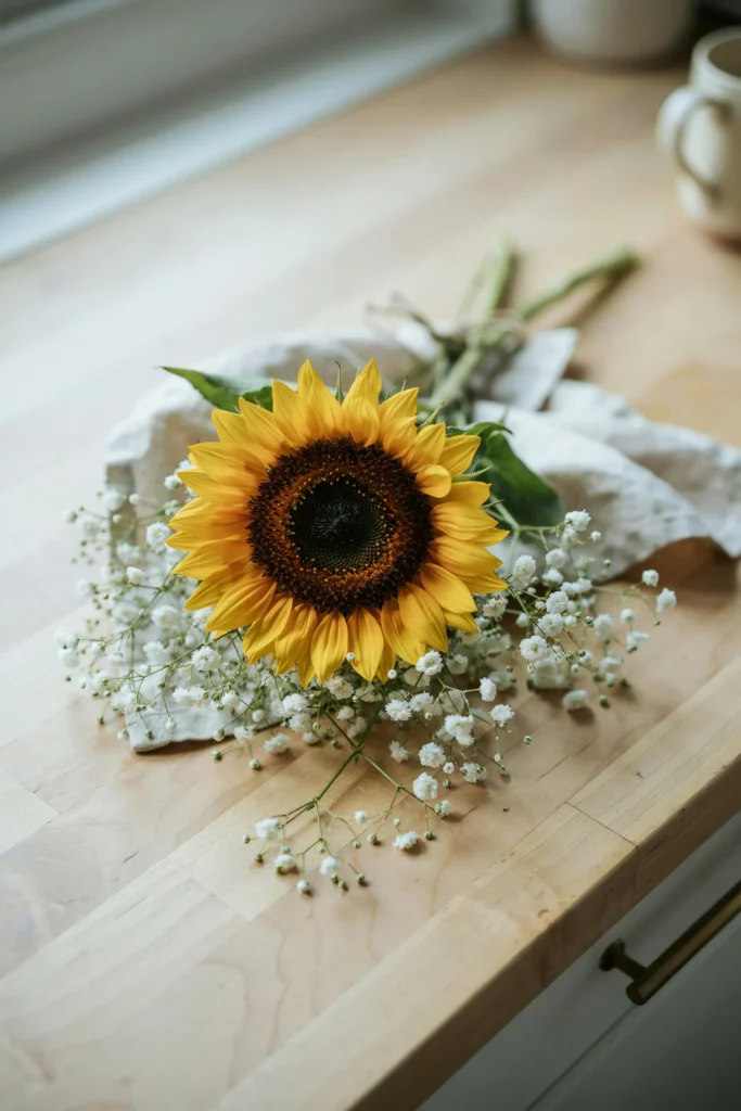 A single large sunflower or garden rose surrounded by a modest baby's breath base, budget-conscious but striking.