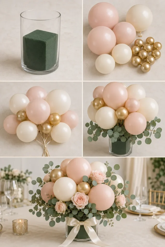 Three-photo close-up sequence demonstrating balloon clustering technique: photo 1 showing three to four large 11-inch balloons tied loosely together at different heights, photo 2 showing five to seven small 5-inch balloons being woven and positioned around the large balloon cluster, photo 3 showing complete full balloon cluster at varied heights ready for greenery insertion