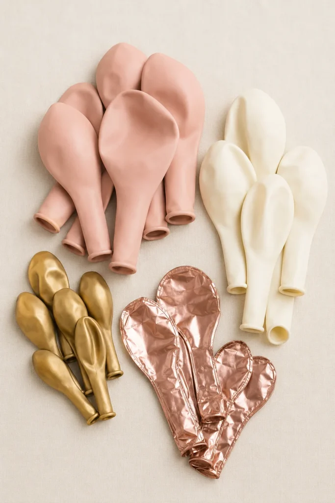 Close-up flatlay of assorted wedding balloon sizes arranged by type and color showing 11-inch latex balloons in blush and ivory, 5-inch small balloons in metallic gold, and rose gold foil accent balloons to demonstrate size variation