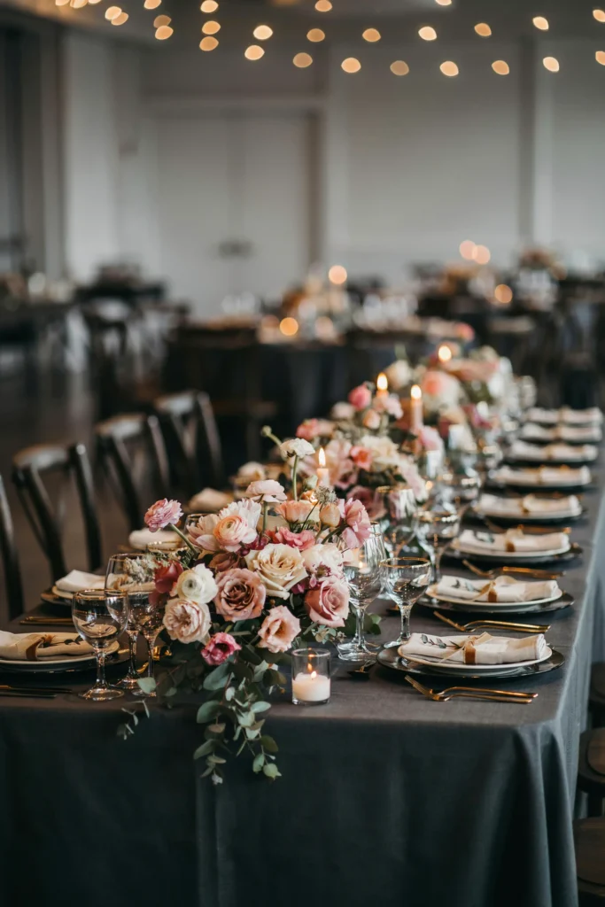 A reception table with blush pink florals against black linens and gold flatware, softening the formal palette
