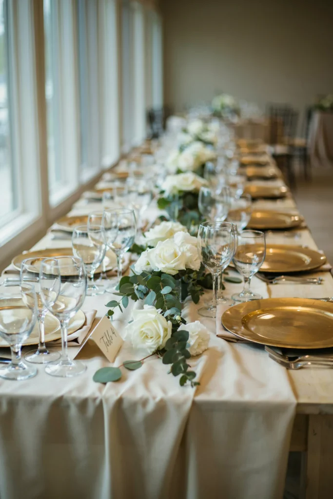 Close-up of a reception table with ivory silk runners, gold-rimmed chargers, and low arrangements of white roses and eucalyptus