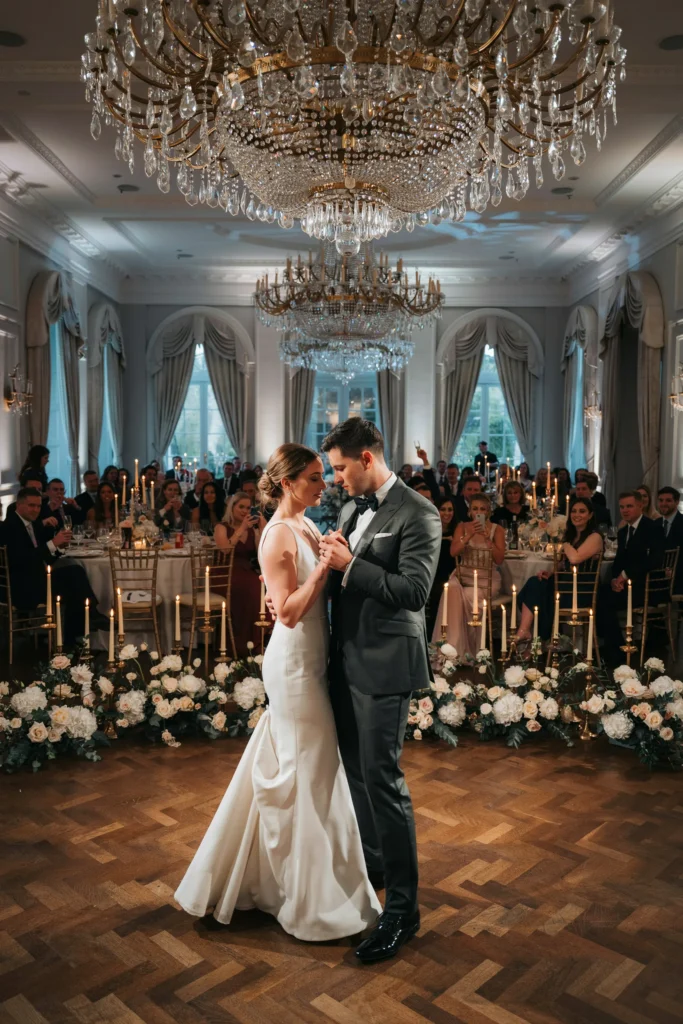 A grand ballroom reception with hundreds of taper candles, gold chiavari chairs, and a bride and groom sharing their first dance under a crystal chandelier