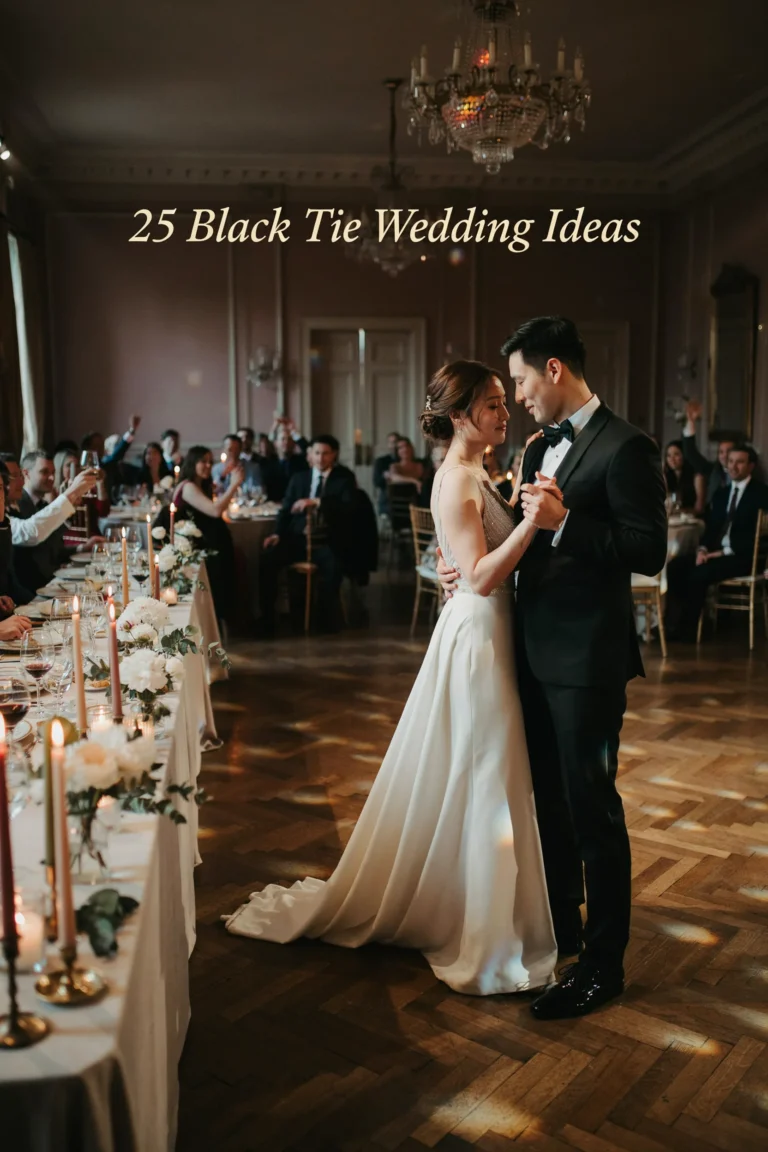 A candlelit ballroom reception at dusk, gold flatware catching the light, a bride in a sweeping gown mid-dance with her groom in a classic tuxedo.