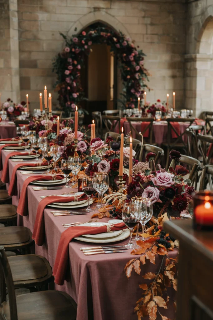 A formal reception styled with deep plum and burgundy florals, amber candlelight, and rich autumn foliage on the tables