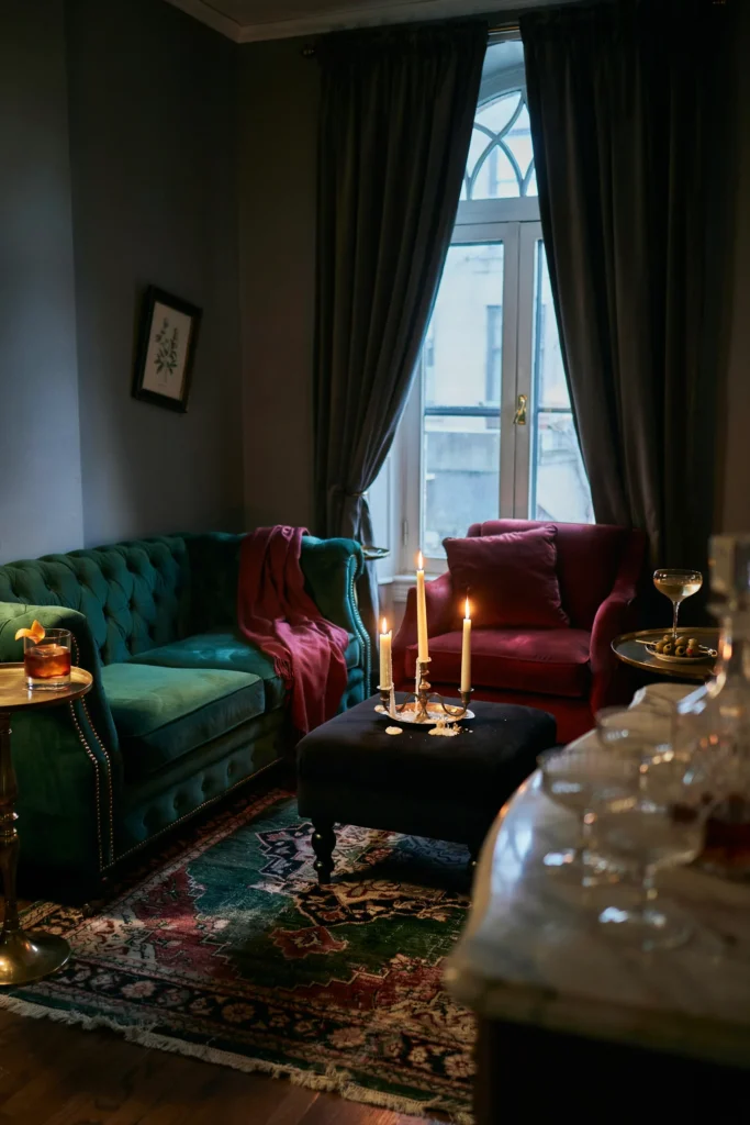 A cocktail hour lounge area with emerald and burgundy velvet sofas, brass side tables, and low candlelight