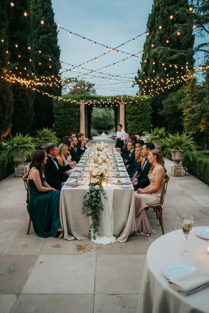 A formal outdoor reception under a canopy of string lights, guests in tuxedos and gowns seated at long tables surrounded by greenery