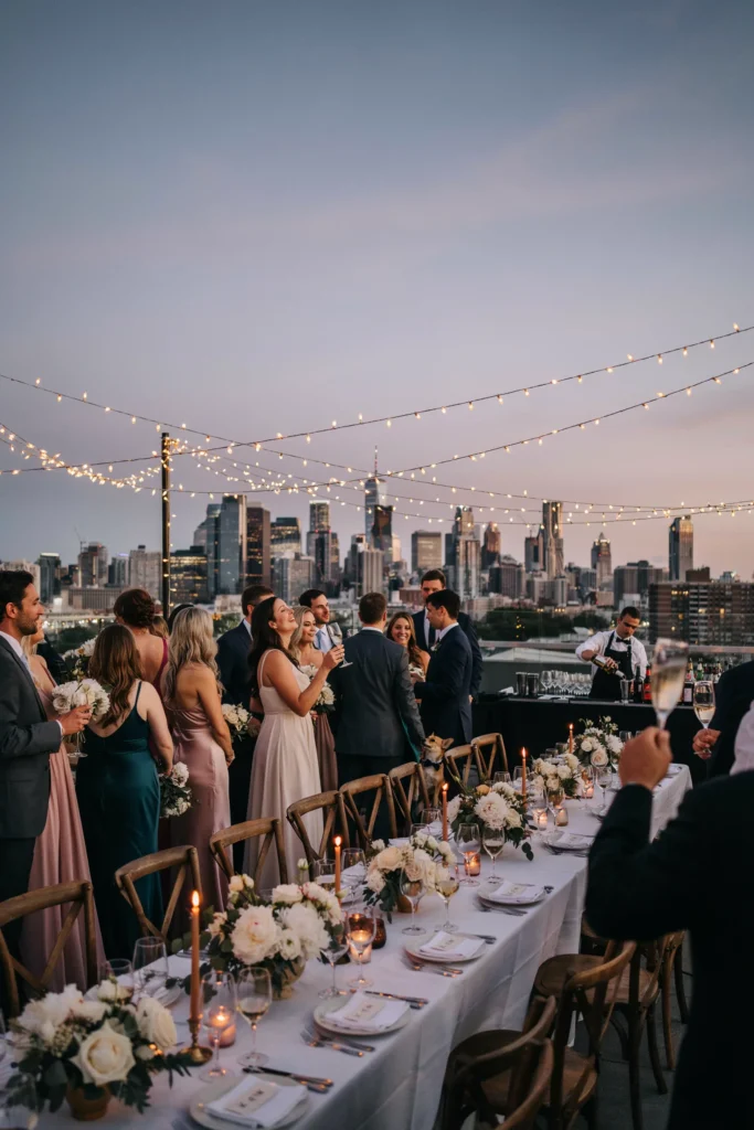 A rooftop reception at dusk with a city skyline backdrop, string lights overhead, and guests in formal attire against twinkling city lights