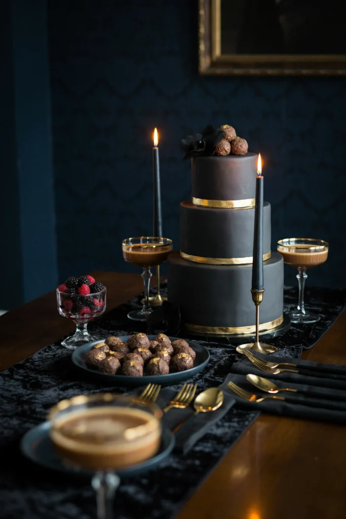 A dessert table styled in deep navy and black with gold-dusted chocolate truffles, a black-tiered cake, and gold flatware