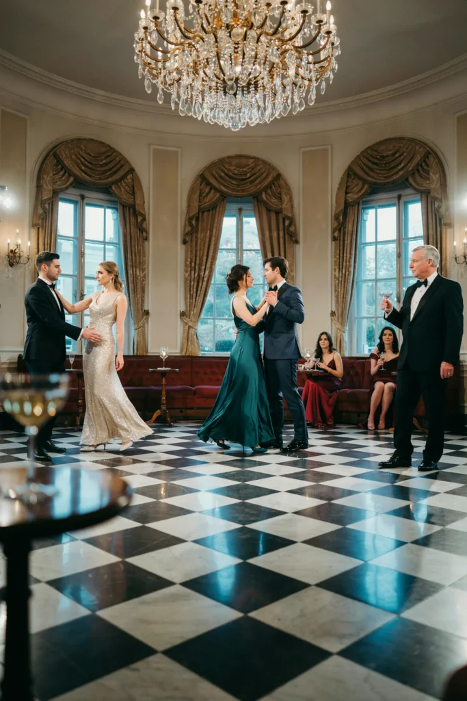 A glossy black-and-white checkerboard dance floor beneath a chandelier, guests dancing in formal attire