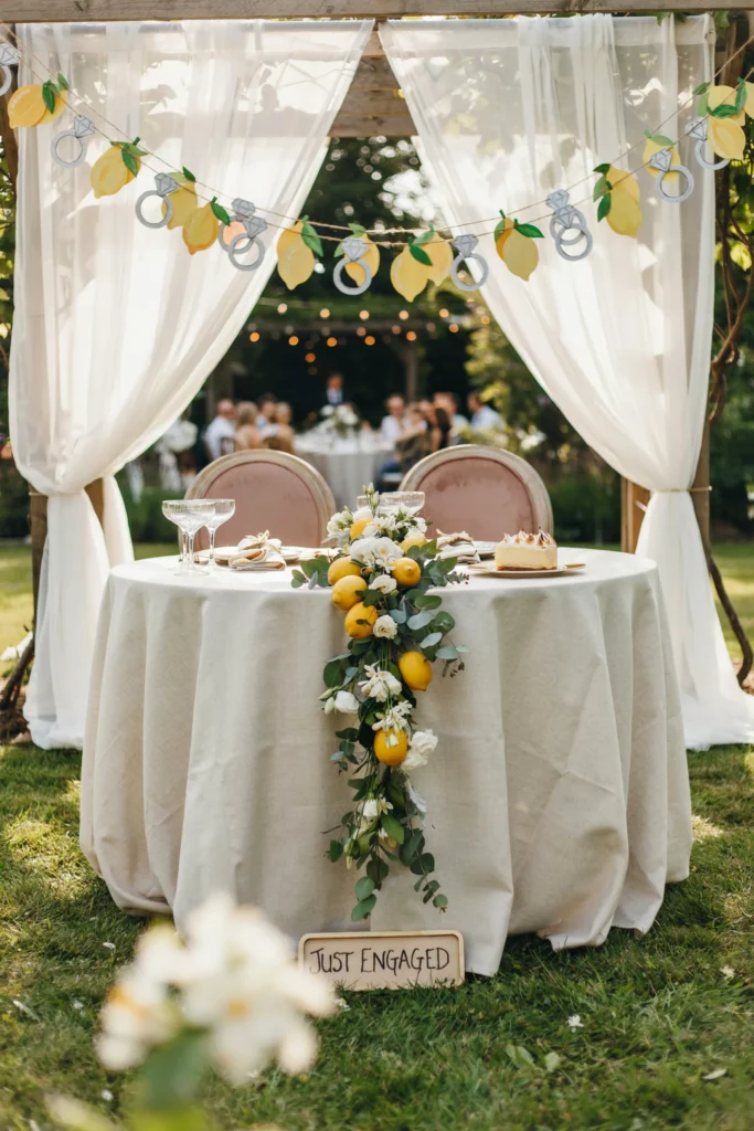 The bride's chair or sweetheart table styled with a banner combining lemon icons and diamond ring cutouts strung above it.