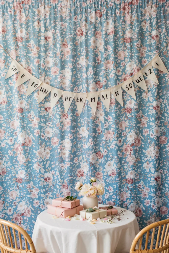  Fabric backdrop in blue floral print with a "She Found Her Main Squeeze" banner strung across it, styled behind a seating area or gift table.
